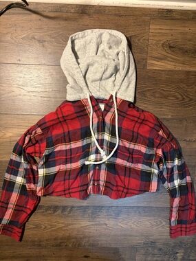 American Eagle Outfitters Red Plaid Kids Bottoms with Gray Hood